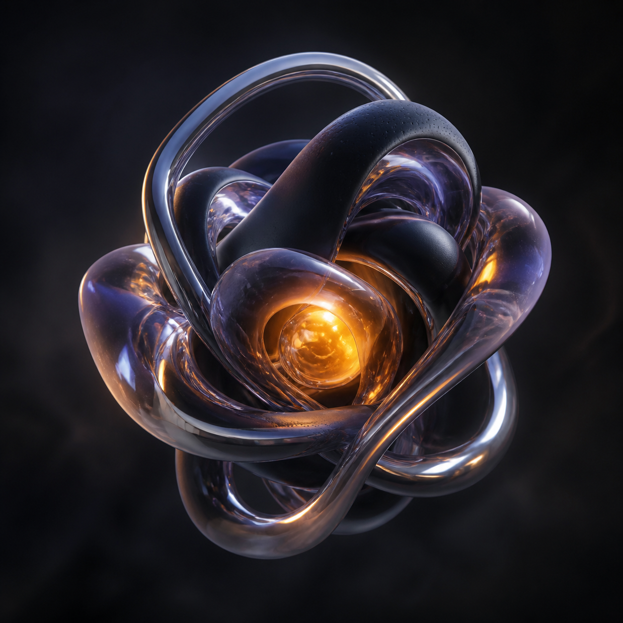 A glowing abstract sculpture made of chrome, glass and rubber